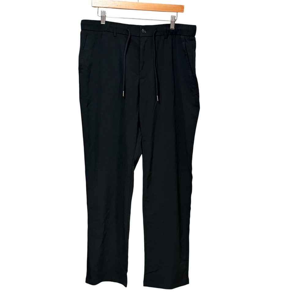 JMIERR Mens Black Drawstring Trousers Elastic Waist Straight Leg Pants Size 38